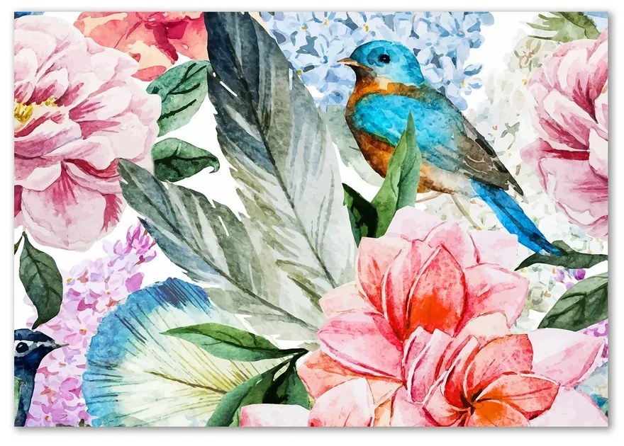 Fotoobraz sklenený na stenu do obývačky Kvety a vtáky pl-osh-100x70-f-83956039