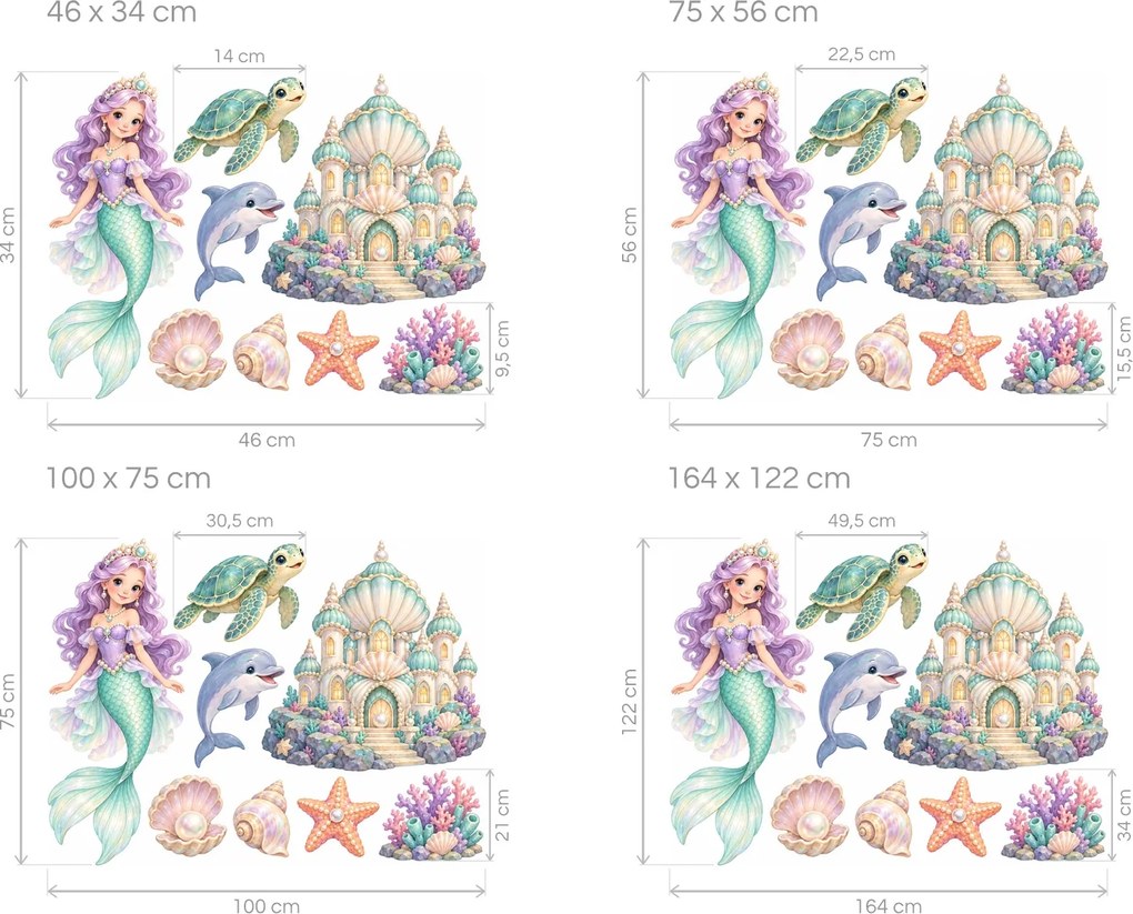 Morská víla a mušľový palác morské akvarelové nálepky na stenu pre malé morské víly arch 46 x 34 cm