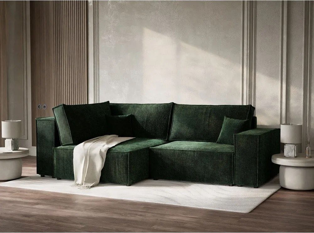Tmavozelená ženilková rozkladacia/s úložným priestorom rohová pohovka (ľavý roh/do L) Tonga – Maison de Rêve