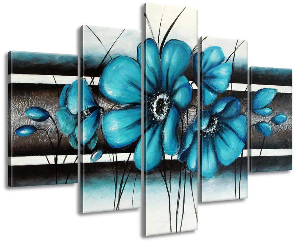 Gario Ručne maľovaný obraz Maľované tyrkysové kvety - 5 dielny Rozmery: 150 x 105 cm
