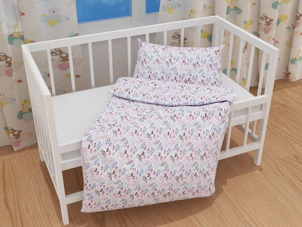 Biante Detské bavlnené posteľné obliečky do postieľky Sandra SA-332 Modro-ružové vetvičky s lístkami Do postieľky 90x140 a 50x70 cm