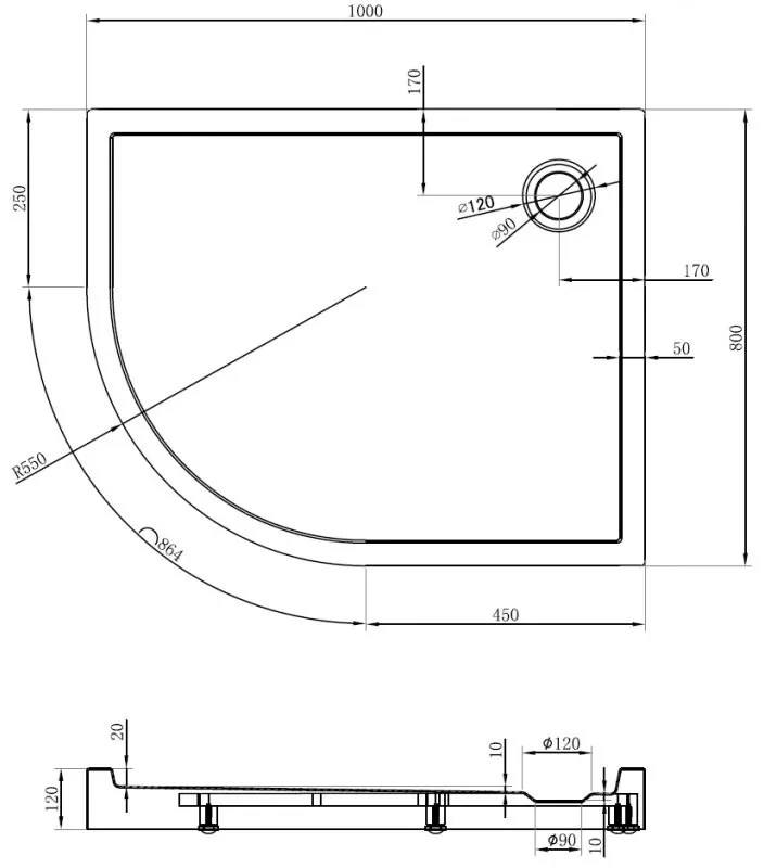 Mexen Flow+, štvrťkruhová asymetrická sprchová vanička, pravá, 100 x 80 cm, biela lesklá, 46Q108010RH