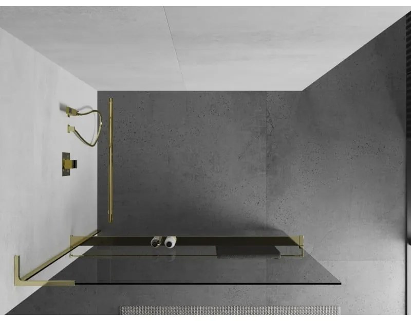 Mexen Kioto+ L, sprchová zástena Walk-In s poličkou a vešiakom 115 x 200 cm, 8mm číre sklo, zlatý lesklý profil,800-115-123-50-00