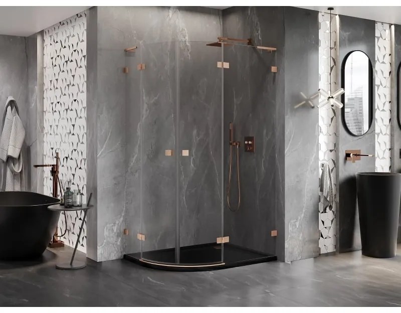 Mexen Lunar, L pravý polkruhový sprchový kút 90 x 80 cm, 8mm číre sklo, profil medená matná, 833L-090P-080L-65-00