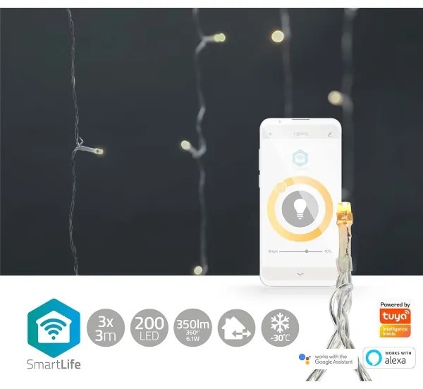 Nedis WIFILXC01W200- LED Vianočný záves 200xLED/8 funkcií 6m IP65 Wi-Fi Tuya teplá biela