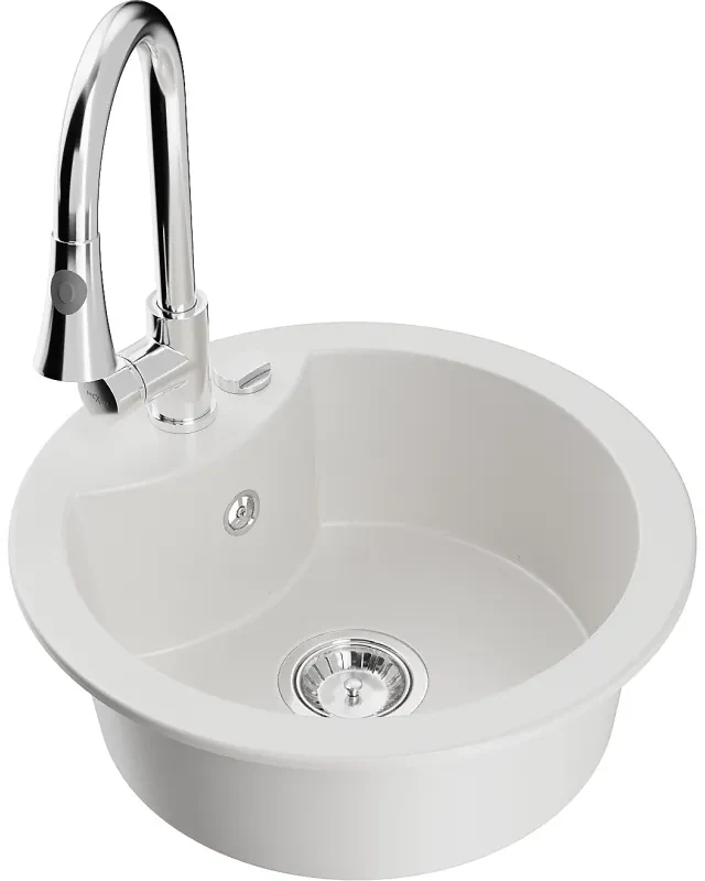 Mexen Diego, 1-komorový granitový drez 488x488x167 mm a drezová batéria Elia, biela, 6512-20-670101-00