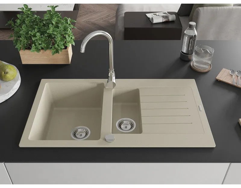 Mexen Matias, granitový drez 900x505x200 mm, 1,5-komorový a chrómová batéria Telma, béžová, 6502-69-670200-00