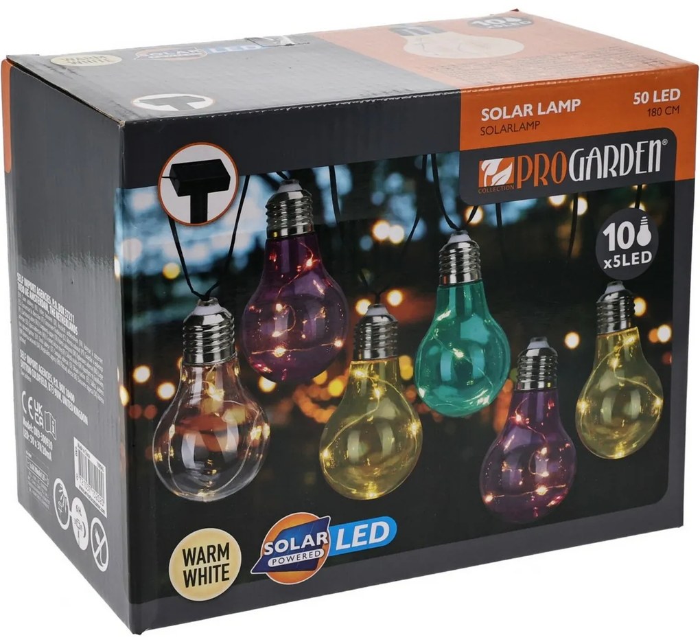 ProGarden Solárna reťaz Žiarovky farebná, 2 m, 10 x 5 LED