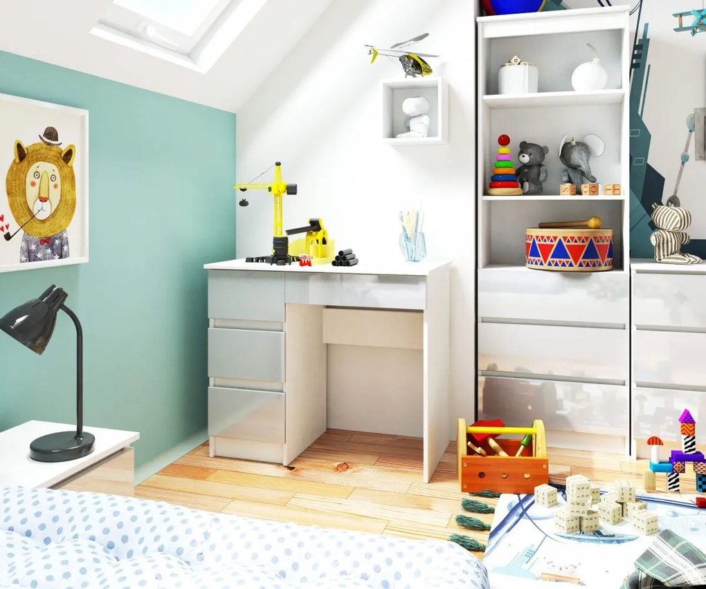 Písací stôl A-7 90 cm biely/světle šedý lesk levý