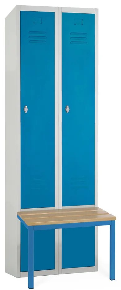 Kovová šatníková skrinka s lavičkou, 60 x 85 x 185 cm, sokel, otočný zámok, modrá - ral 5012