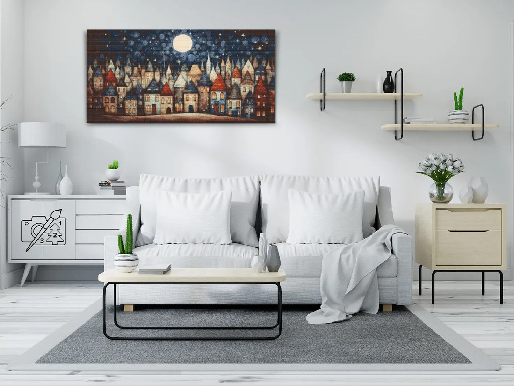 Gario Diamantové maľovanie Domčeky v noci Rozmery: 40 x 80 cm, Rámovanie: Iba zrolované plátno, Diamanty: Štvorcové