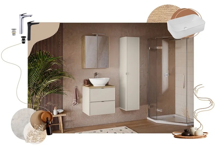 Závesná skrinka Bella Cashmere Nika s doskou a umývadlom 140 cm kašmírová/dub remeselný