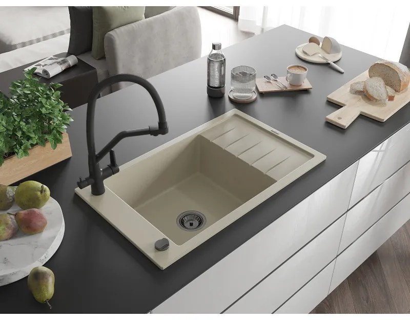 Mexen Elias, 1-komorový granitový drez 795x480x200 mm a drezová batéria Duo, béžová, 6511-69-671701-70-B