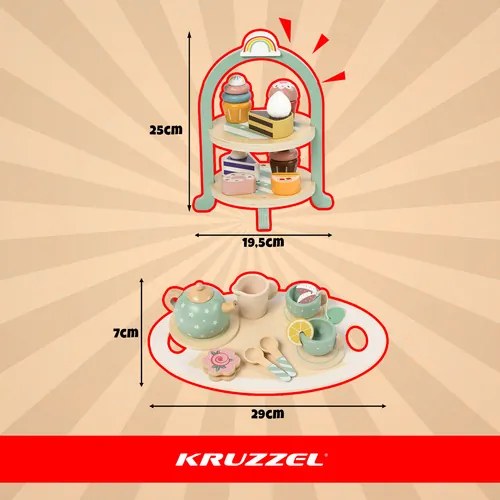 ISO Trade Drevená čajová súprava pre deti Kruzzel s doplnkami a stojanom na muffiny