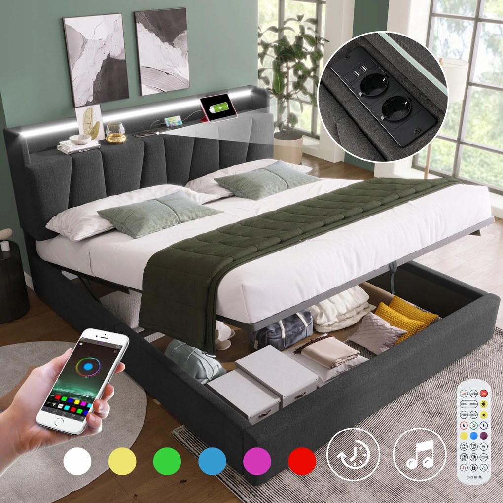 Čalúnená Usb manželská posteľ s Led úložným priestorom 140 x 200 cm matrac