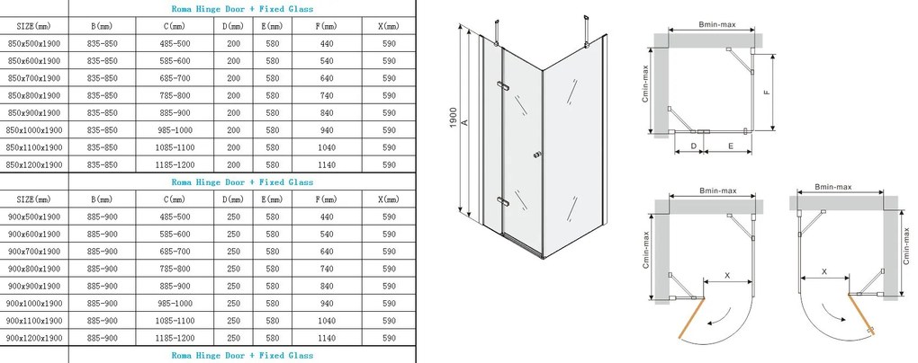 Mexen Roma, sprchovací kút 70 (dvere) x 110 (stena) cm, 6mm šedé sklo, chrómový profil, 854-070-110-01-40