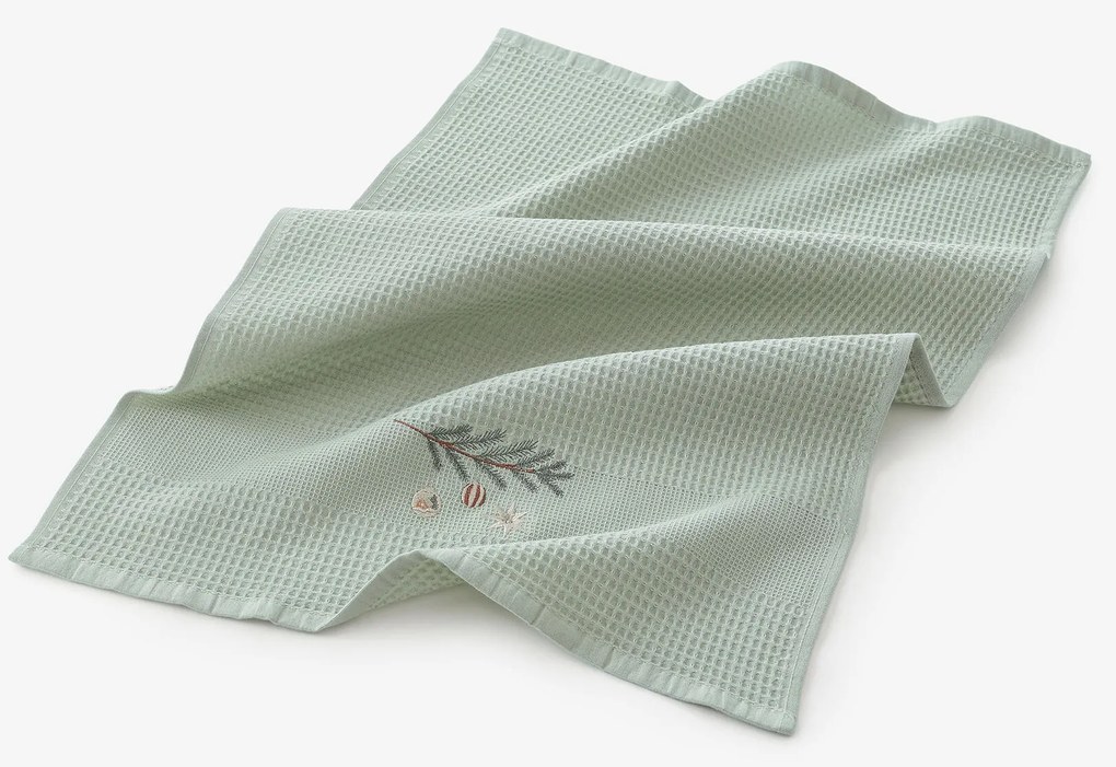 Goldea vianočná kuchynská vaflová utierka s výšivkou - baňky na vetve na šalviovom 50 x 70 cm