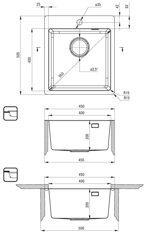 Deante Olfato, 1-komorový nerezový drez 450x505x200mm, brúsená zlatá, DEA-ZPO_R10A