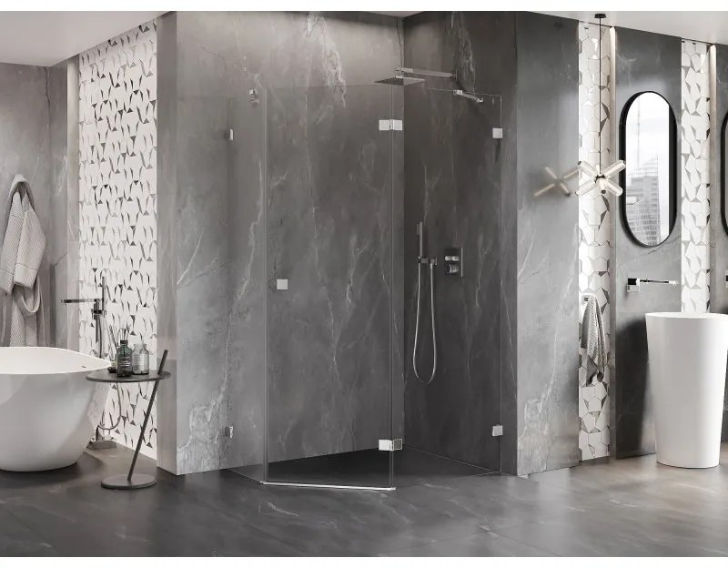 Mexen Lunar, päťuholníkový sprchový kút naklápací vpravo 90 x 80 cm, 8mm číre sklo, chrómový profil, 831-090P-080L-01-00-P