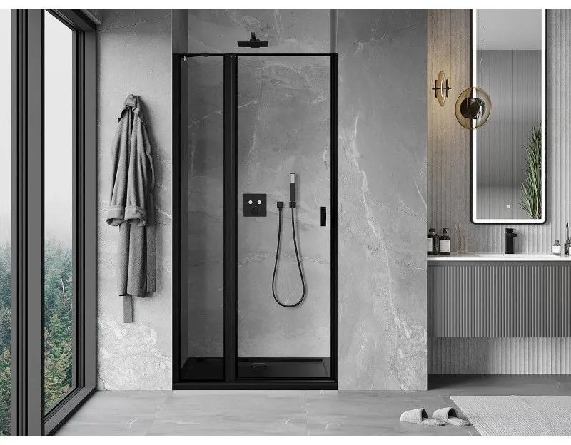 Mexen MIST, 1-krídlové sprchové dvere (1d+1s) 90x200 cm, 6mm číre sklo s čiernym rámom, ľavý variant, 8A4-090-000-70-70-L