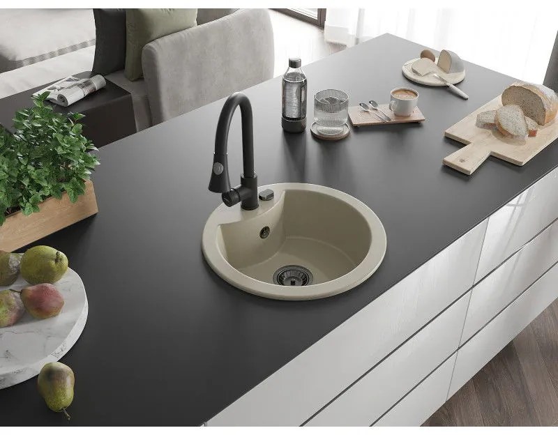 Mexen Diego, 1-komorový granitový drez 488x488x167 mm a drezová batéria Elia, béžová, 6512-69-670101-70