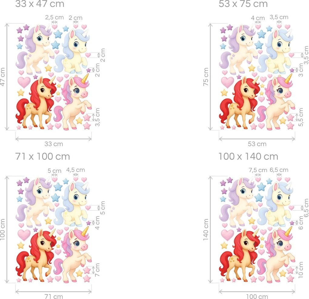 Sada jednorožcov textilné prelepiteľné nálepky na stenu hárok 33 x 47 cm