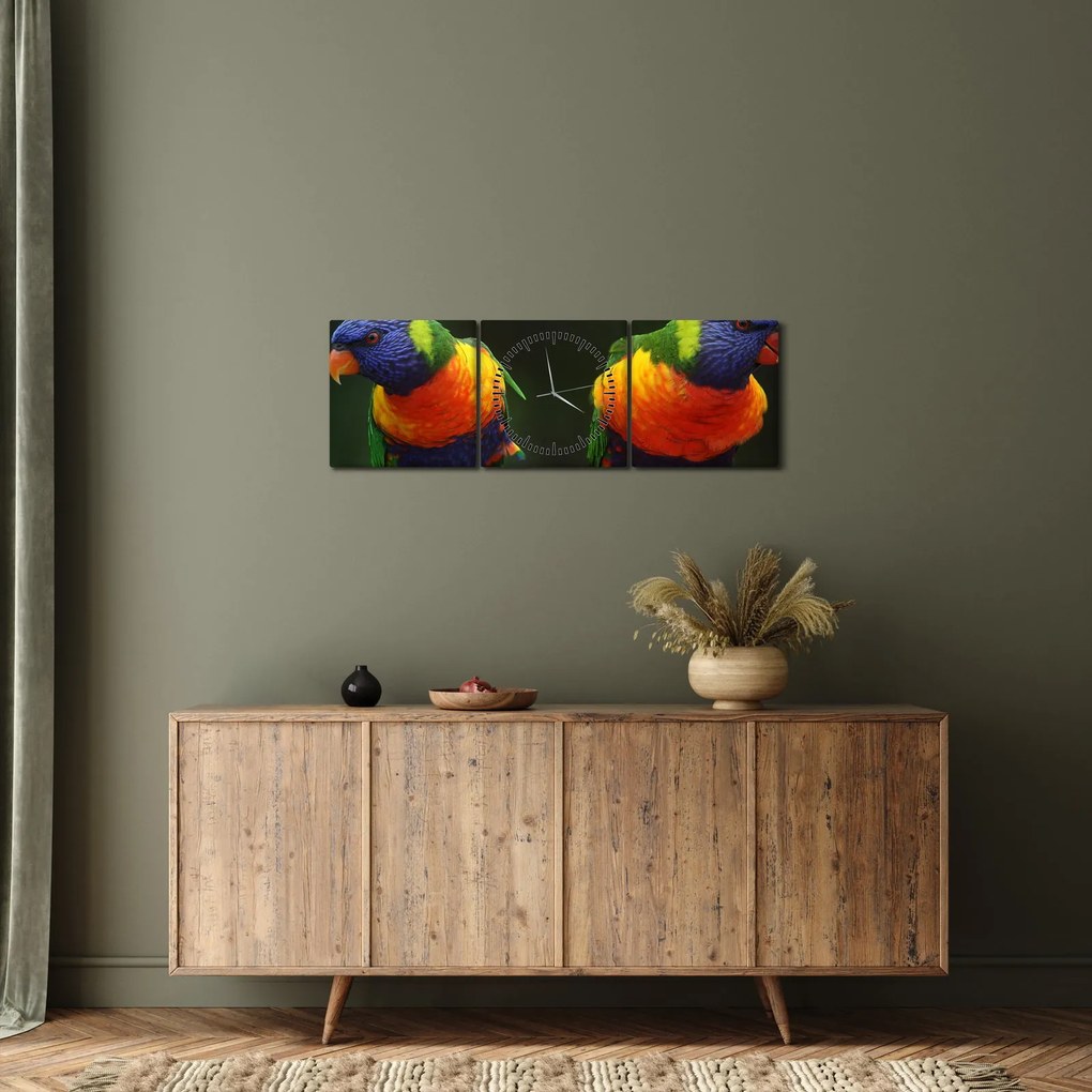 Obraz papagájov (s hodinami) (90x30 cm)