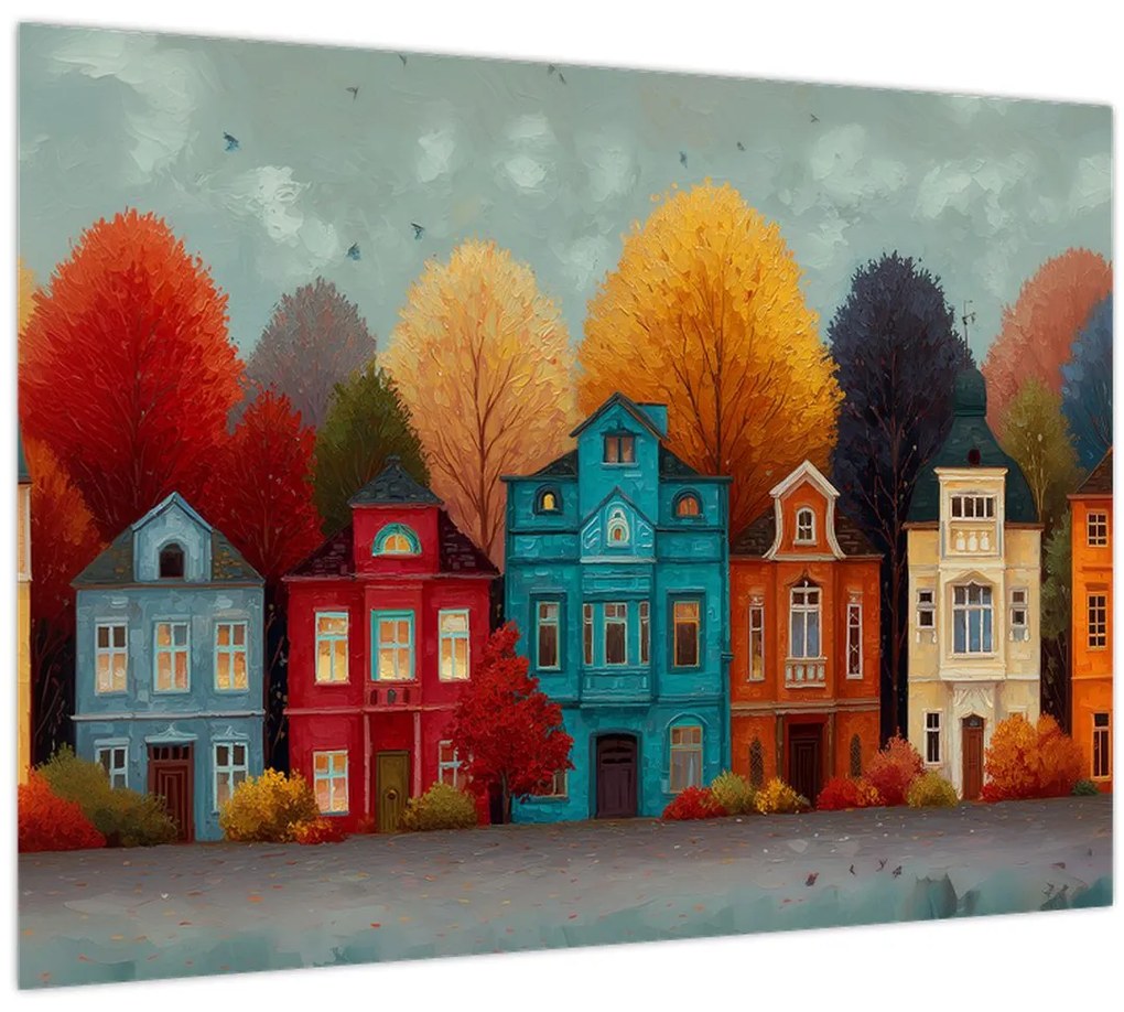 Sklenený obraz - Maľované jesenné mesto (70x50 cm)