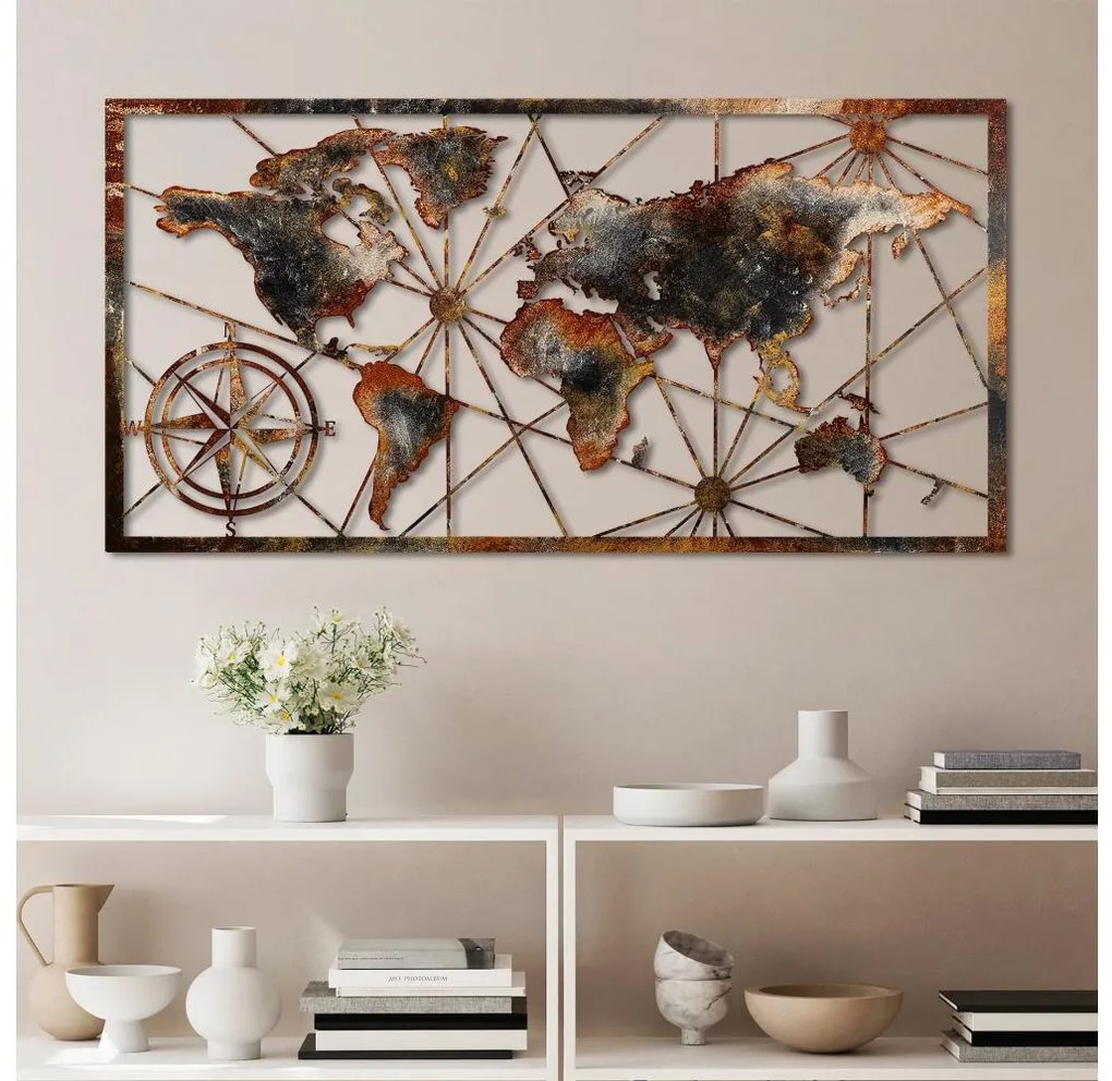 Nástenná dekorácia 120x60 cm mapa sveta kov