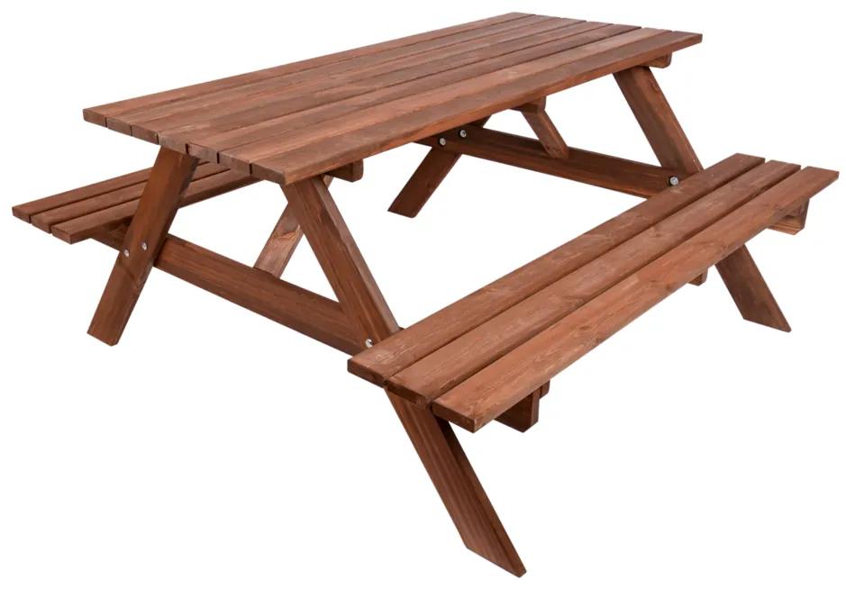 rojaplast PIKNIK drevený záhradný set so sklápacími lavičkami - 180 CM - morená