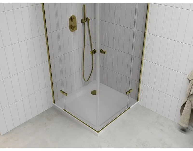 Mexen Roma Duo, sprchový kút 70 (dvere) x 70 (dvere) cm, 6mm číre sklo, zlatý profil + slim sprchová vanička 5cm biela + zlatý sifón, 854-070-070-50-02-4010G