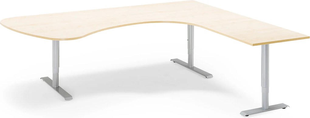 Výškovo nastaviteľný stôl Adeptus, pravý, 2200x2000 mm, dýha breza/šedá