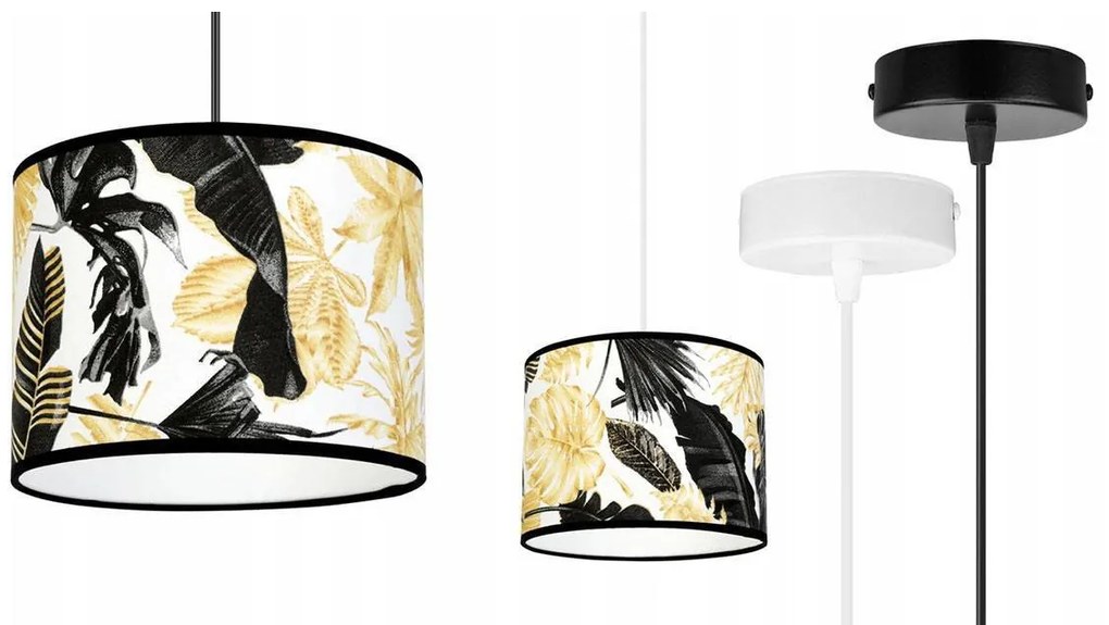 Závesné svietidlo Gold Flowers, 1x biele textilné tienidlo s kvetinovým vzorom, (výber z 2 farieb konštrukcie)