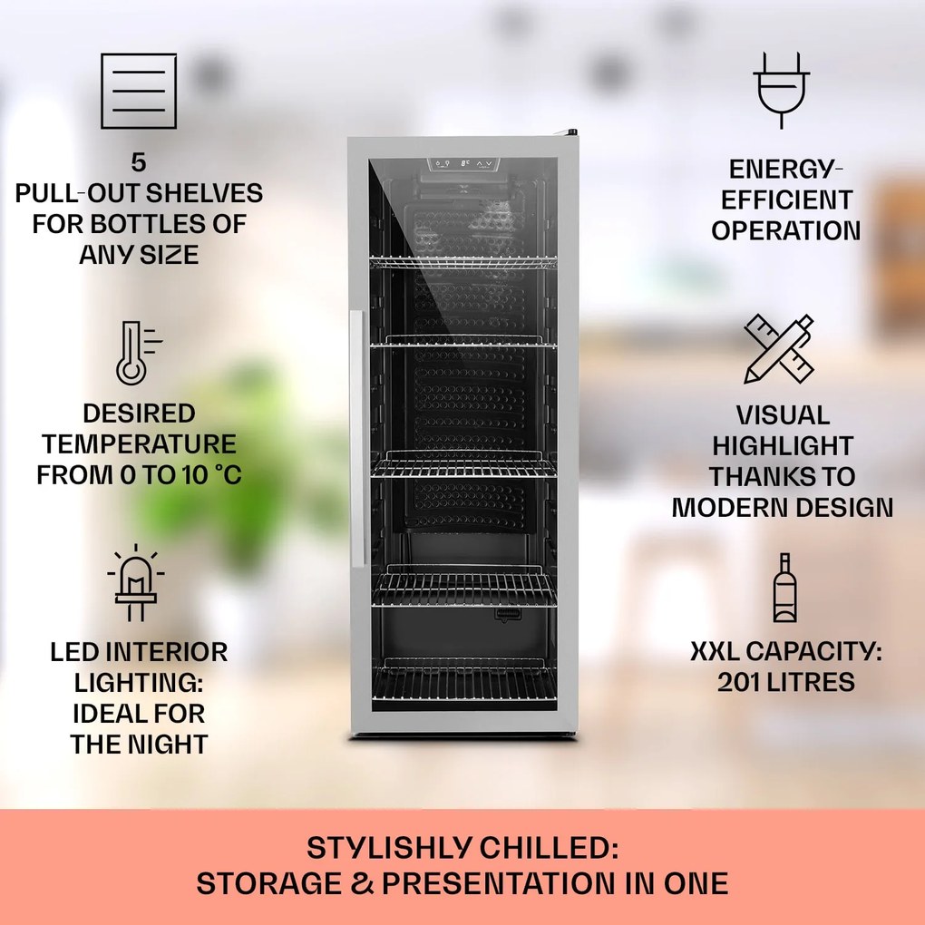 Klarstein Beersafe 6XL, chladnička na nápoje, 201 l, 0-10°C, sklo, energet. trieda G, nehrdzavejúca oceľ