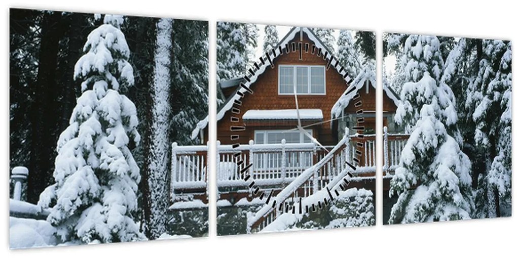 Obraz - Drevená chata (s hodinami) (90x30 cm)