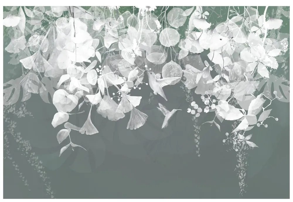 Samolepiaca tapeta šedo-zelené listy s kolibríkmi