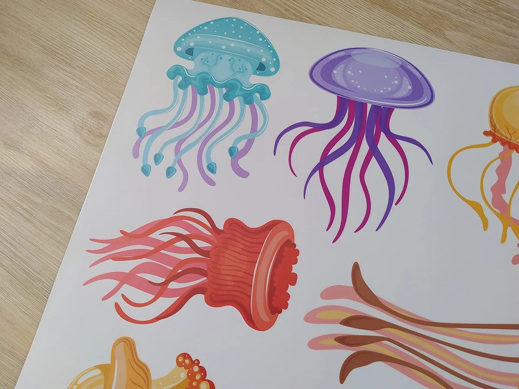Farebné medúzy textilní prelepiteľné nálepky na stenu hárok 45 x 35 cm