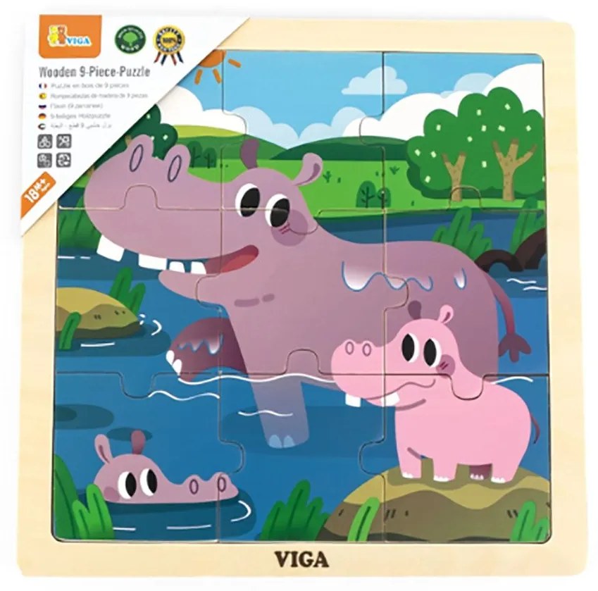 Drevené puzzle pre najmenších Viga 9 ks hrošík