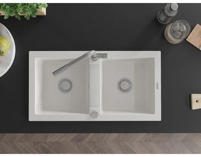 Mexen Mario, 2-komorový granitový drez 820x436x161 mm a drezová batéria Flora, biela, 6504-20-670401-06