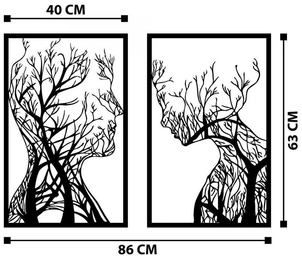 Kovová dekorácia na stenu Ľudské profily v tvare stromov 86x63 cm čierna