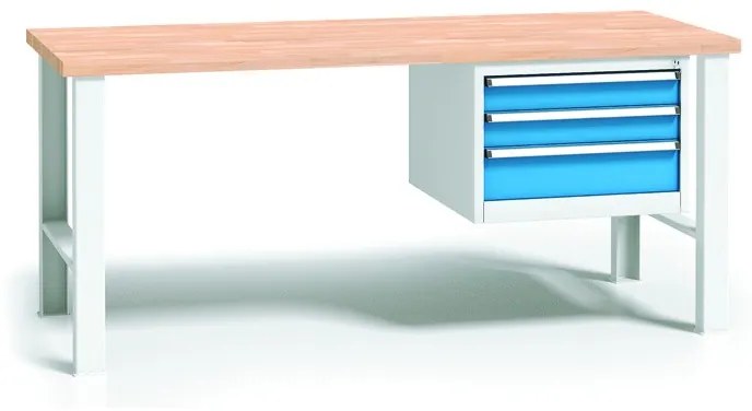 Pracovný stôl do dielne WL so závesným boxom na náradie, buková škárovka, 3 zásuvky, pevné kovové nohy, 2000 mm