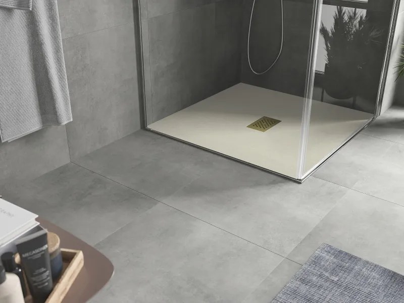 Mexen Hugo, štvorcová sprchová vanička, SMC, 90x90cm, béžová, zlatá krytka, 42699090-G