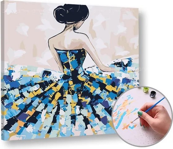 Maľovanie podľa čísel ŽENA V MODRÝCH ŠATÁCH– stredná náročnosť