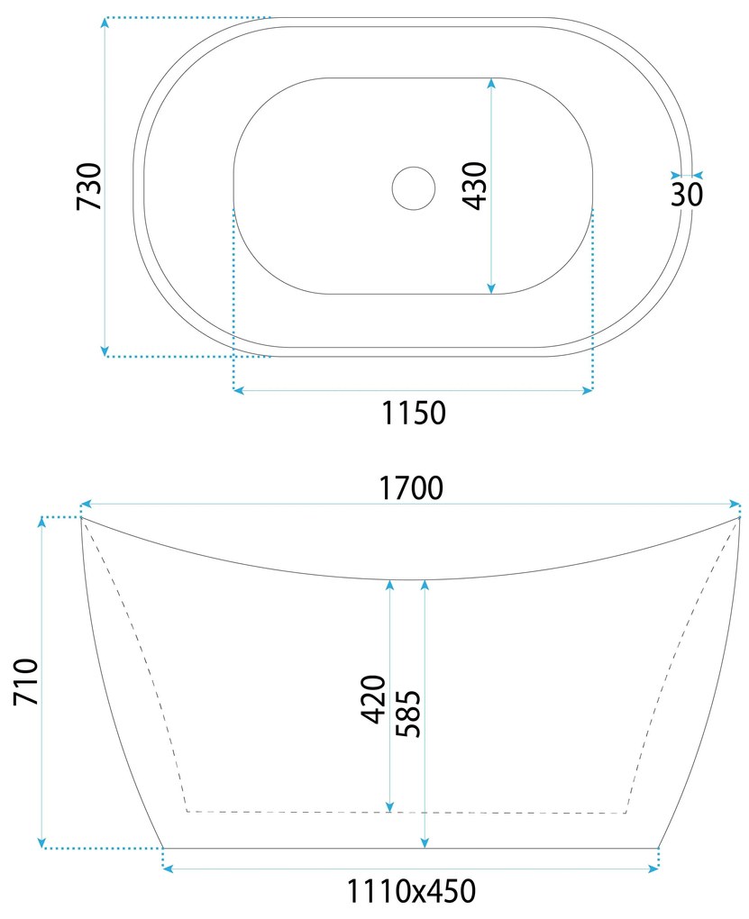 Rea Atena, voľne stojaca akrylátová vaňa 1700x730x710 mm, biela, REA-W0127