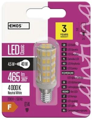 EMOS LED žiarovka Classic JC, 4,5 W, E14, 465lm, 4100K, neutrálna biela