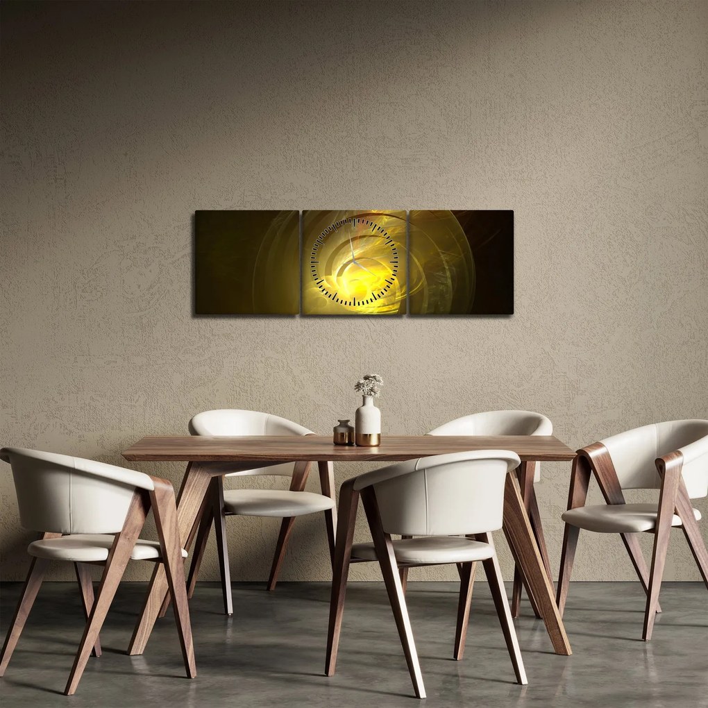 Obraz žltej abstraktnej špirály (s hodinami) (90x30 cm)