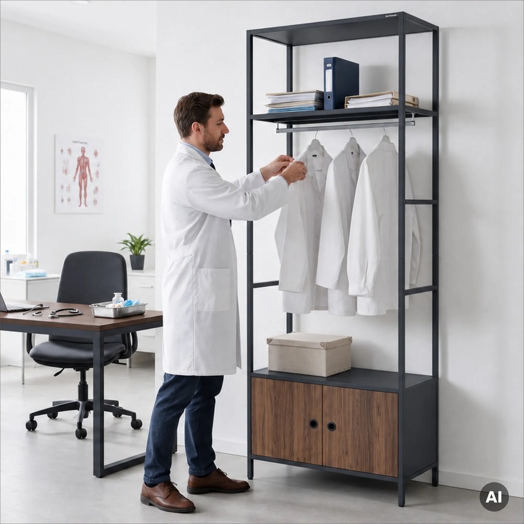 Kancelársky regál otvorený s tyčou na oblečenie, do recepcie a čakárne, kovový, antracitový/orech, 800x2200x400 mm: ARIEL Eco Design