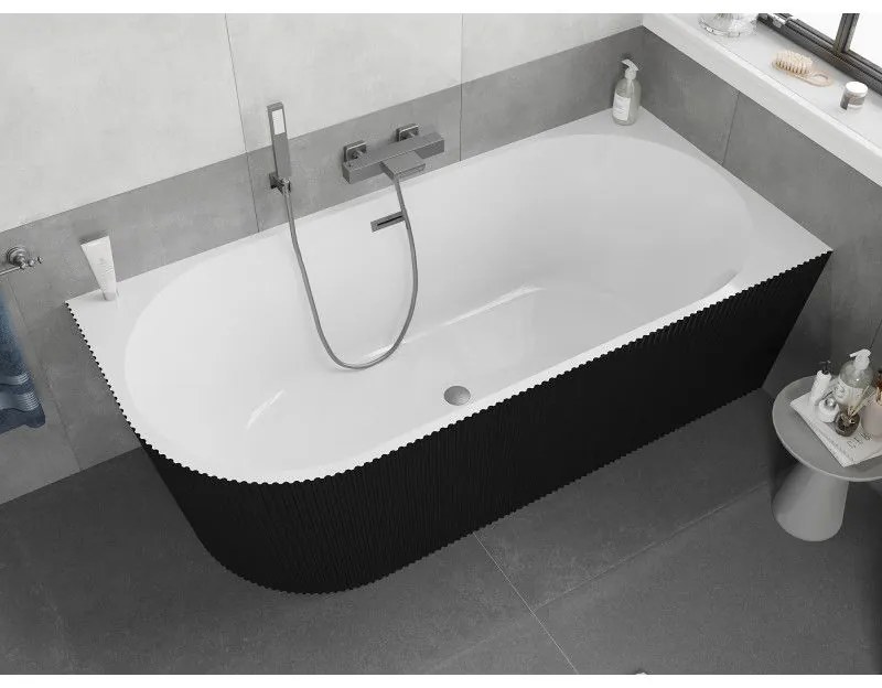 Mexen Silo, rohová voľne stojaca ryhovaná vaňa, pravá, 170 x 80 cm, biela-čierna, grafitový prepad, 52891708075P-95