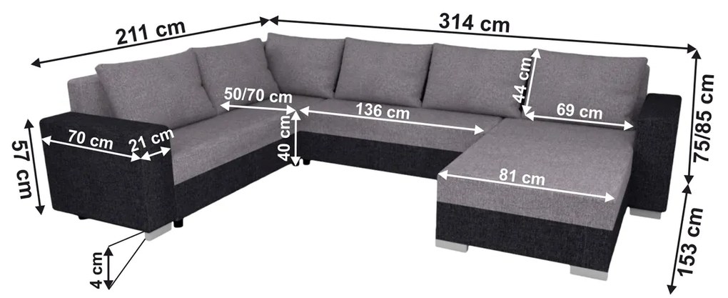 Rohová sedačka U s rozkladom Belen New Roh U L/P - tmavosivá / sivá