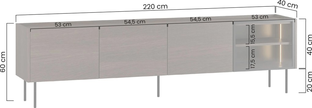 RTV skrinka Dunari 220 cm s kovovými nohami - dub dunin